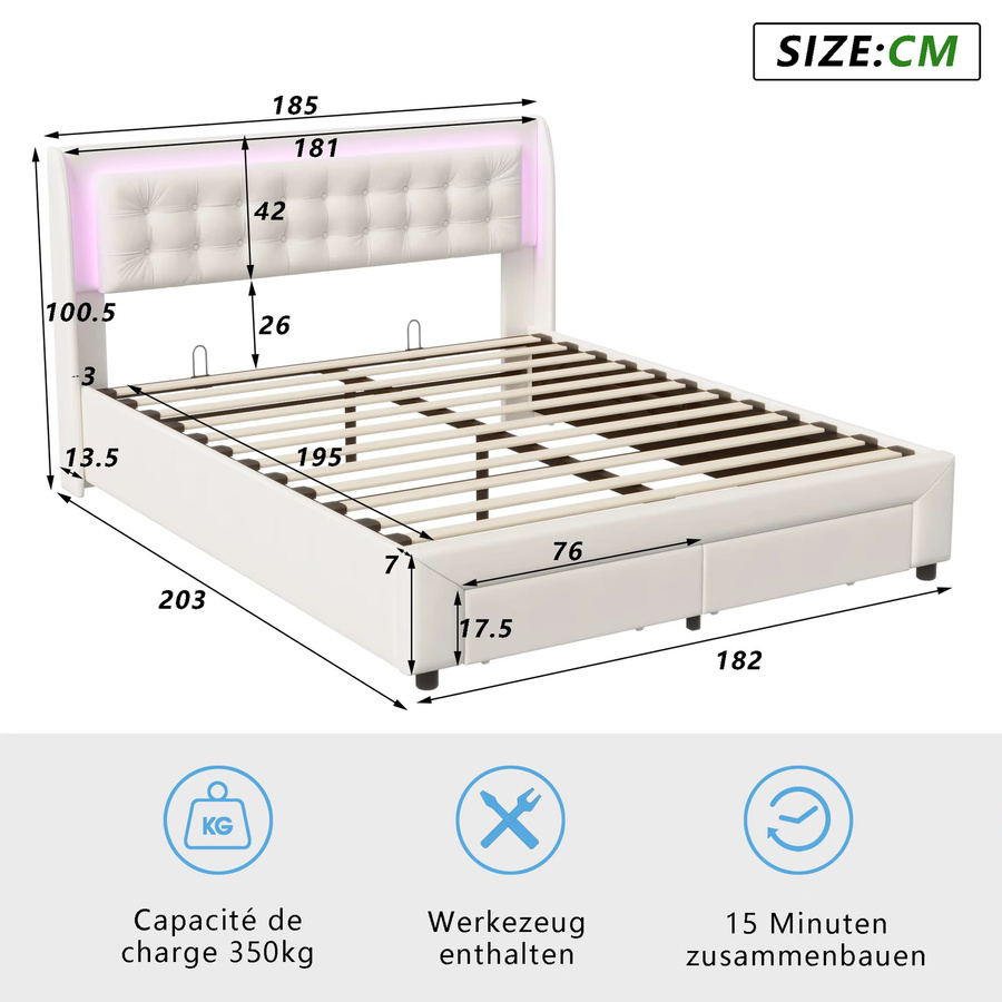 Superaly Polsterbett mit LED-Kopfteil und 2 Schubladen aus Samt in Beige, B/T: 180 x 200 cm - Bild 2