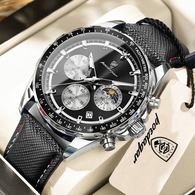 POEDAGAR Armbanduhr Chronograph, Quarz, Leder, Schwarz, Herren - Bild 1