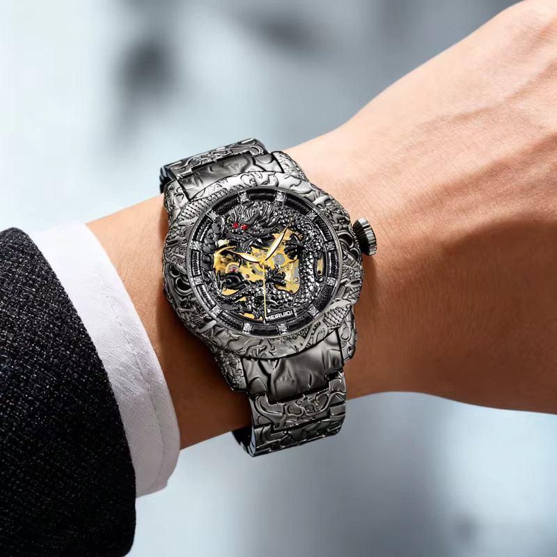 MEIRUIQI Armbanduhr Automatik, Edelstahl, Schwarz, Herren - Bild 4