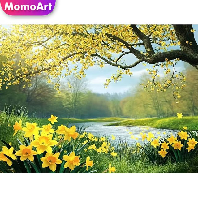 Momoart DIY Diamant-Stickerei Set Flusslandschaft und Blumen in Multicolour, Rundes Diamant-Mosaik als Wandbild - Bild 1
