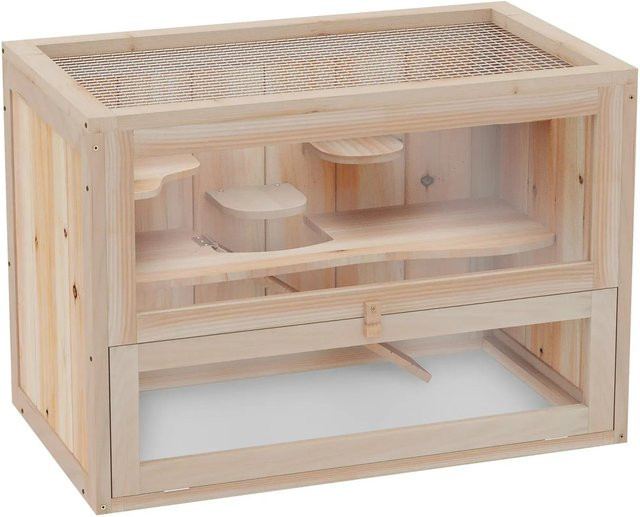 PawHut Hamsterkäfig aus Naturholz Tanne für Zwerghamster und Kleintiere mit Gitterdach und Rampe, B/T/H: 35 x 35 x 42 cm - Bild 1