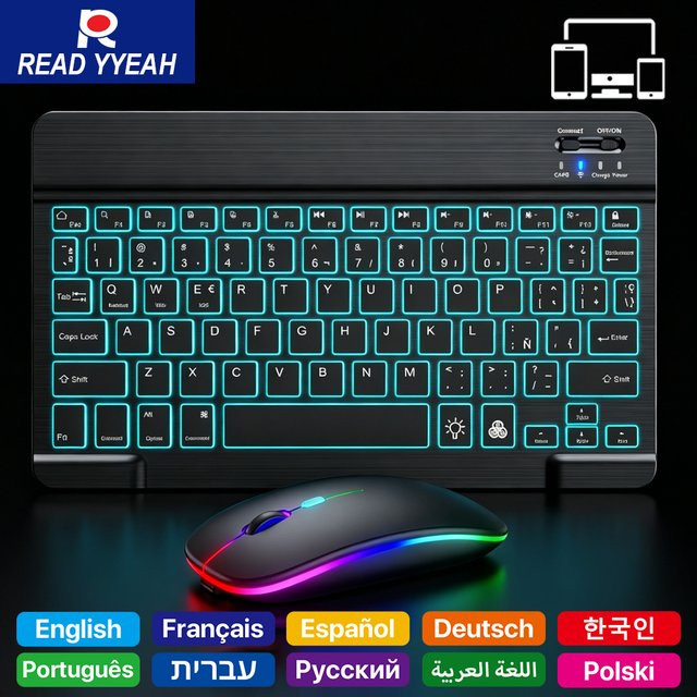 READYYEAH Kabelloses Bluetooth-Tastatur-Maus-Set mit 7-farbiger Hintergrundbeleuchtung in Schwarz und Grün, wiederaufladbar und mehrsprachig für iPad, Android und Windows - Bild 1