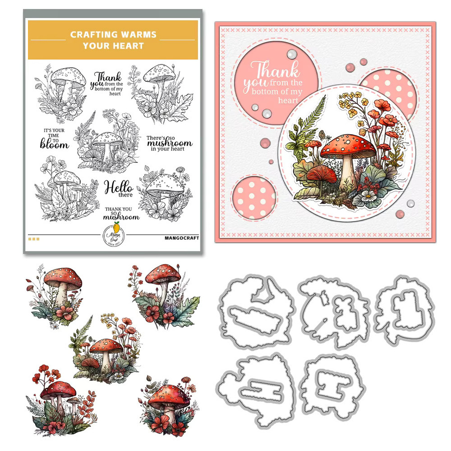 Mangocraft Herbsttage Natur Pilze Set aus Metall-Stanzformen und Silikonstempeln für DIY Scrapbooking und Karten Gestaltung in Multicolor und Transparent - Bild 2