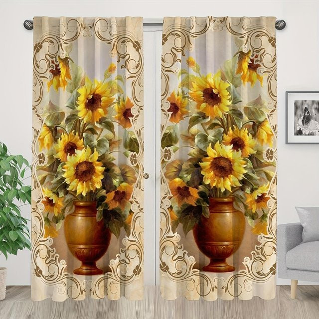 Yiran Furniture Vorhang mit Sonnenblumen-Print in Schwarz und Multicolour, 2er-Set, halbtransparent, Breite: 65 cm, Höhe: 60 cm - Bild 1