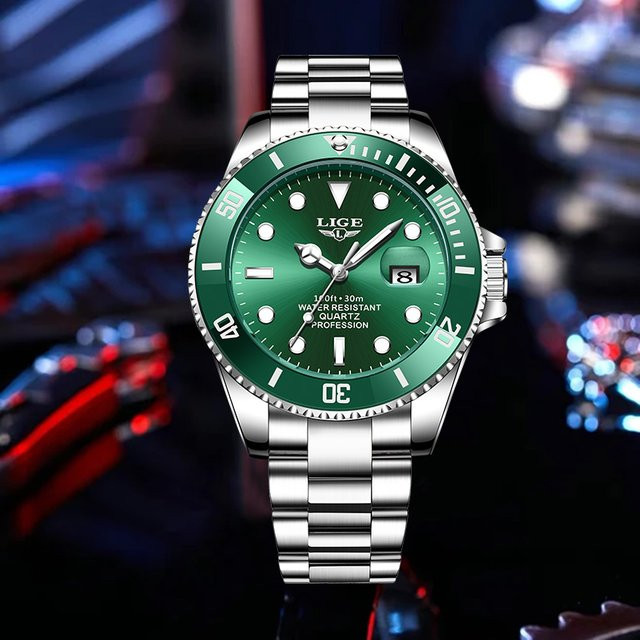 LIGE Armbanduhr Edelstahl, Analoguhr, Datum, Grün, Herren - Bild 1