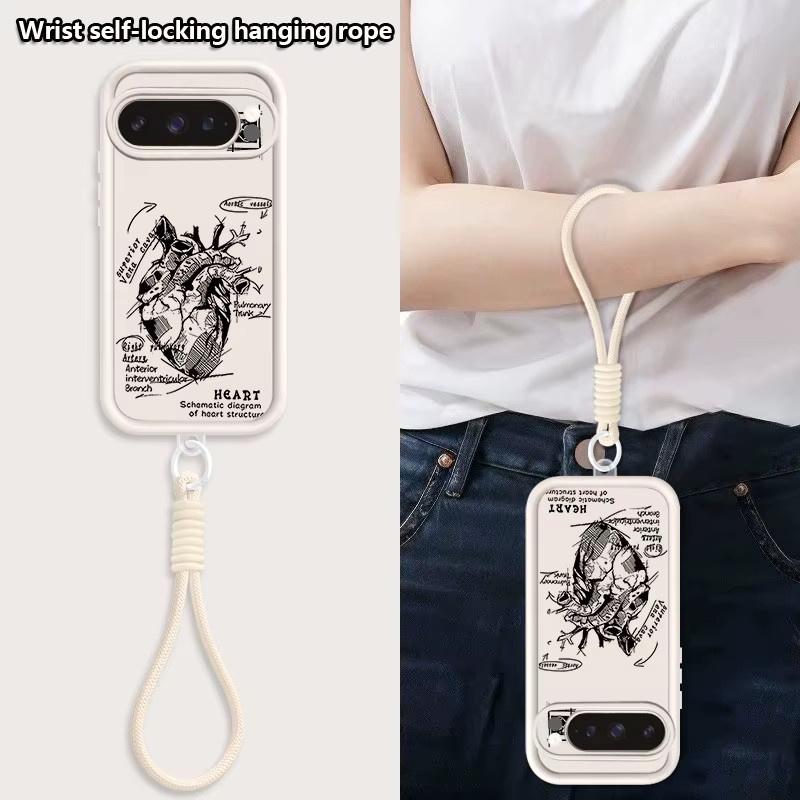 MOESOE Handyhülle mit kreativem Herz-Muster und weicher Handgelenkschlaufe für Google Pixel 10 9 8 7 Pro XL, Beige/Weiß - Bild 2