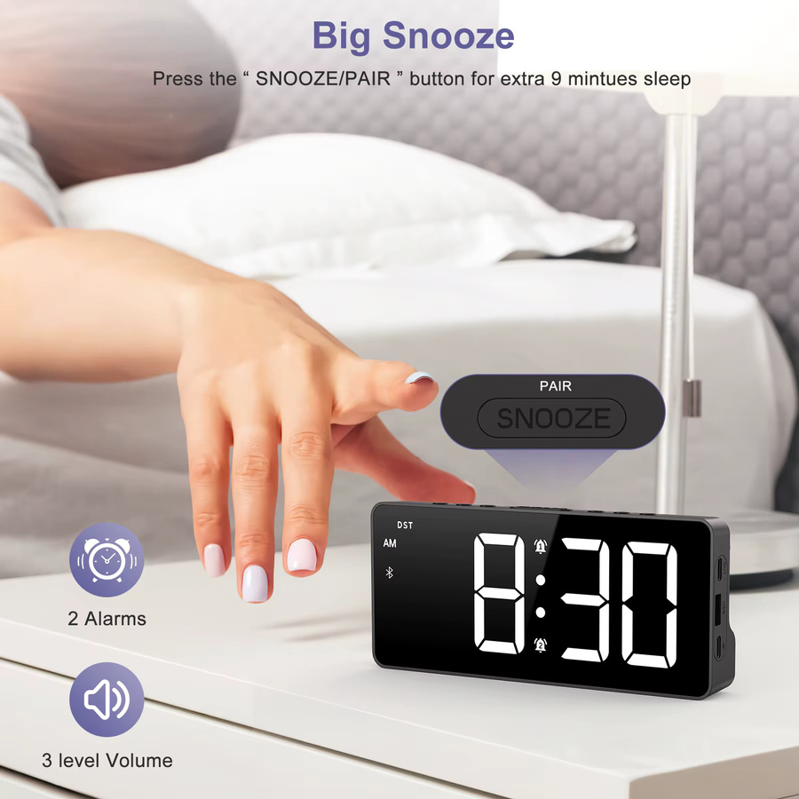 ORIA 7 Zoll LED-Wecker mit Bluetooth-Synchronisierung, digitaler Wecker mit Dual-Alarm und 5 Helligkeitsstufen in Schwarz - Bild 6