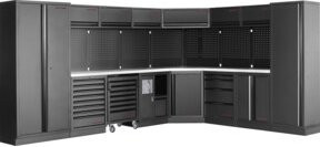 Kraftwerk 8-Element-Schrankwand mit Vierkantlochwand und Inox Arbeitsplatte, Farbe: Silber/Grau, B: 3819 cm, H: 2824 cm - Bild 1