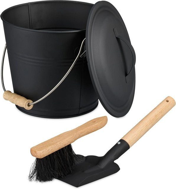 Relaxdays Ascheeimer aus Eisen in Schwarz mit Deckel und Kehrset, B/T/H: 21,5 x 26 x 22 cm - Bild 1