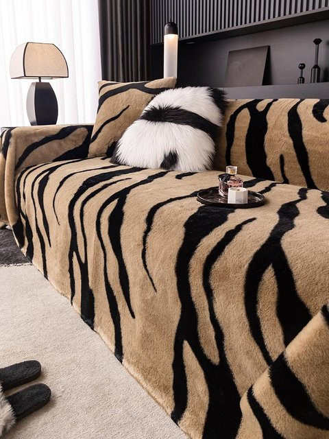 Luxus Leopard Sofa Abdeckung aus flauschigem Kunstfell in Beige, B/T: 180 x 180 cm - Bild 1