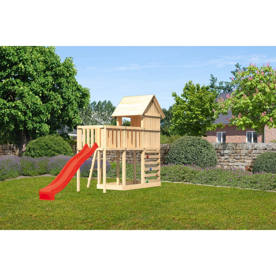 Karibu Stelzenhaus Frieda mit Anbauplattform, Kletterwand und Rutsche in Rot - Bild 2