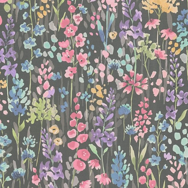 PROFHOME Vlies Tapete Blumen Aquarell-Stil Schwarz Pink Blau Grün B: 0,53 m, L: 10,05 m - Bild 1