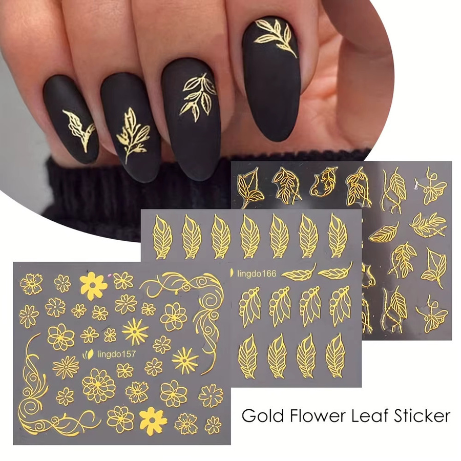 Golden Line Nagelaufkleber, Schwarz-Goldene Blumen, 30 Blatt - Bild 2