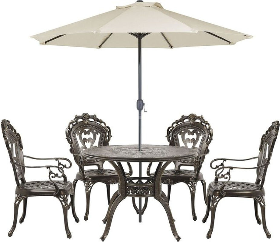 BELIANI Gartenmöbel Set 6-teilig aus Aluminium in Braun mit Sonnenschirm, rundem Tisch und Auflagen im Retro-Design - Bild 1