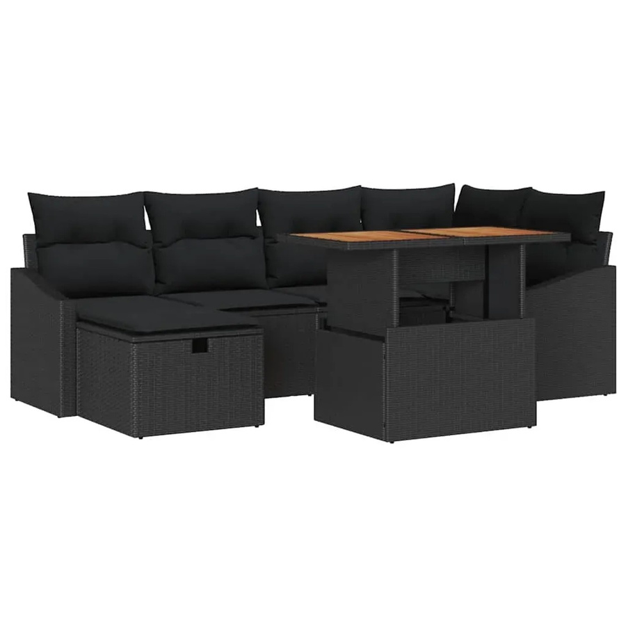 vidaXL Garten-Sofa-Set aus Polyrattan in Schwarz mit Kissen, Ottomane und Couchtisch, 7-teiliges L-Shape Lounge-Set für Terrasse und Garten - Bild 2