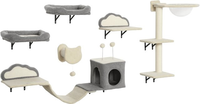 Aosom 6-teiliges Wand-Katzenregal Set in Beige mit Acryl-Blasen-Hängematte, Höhle, Leiter und Sisal-Kratzbereich - Bild 1