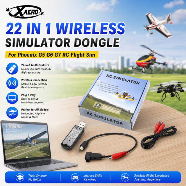 22-in-1 Wireless Simulator Dongle für Phoenix G5 G6 G7 RC Flight Simulator, Bluetooth Verbindung für Hubschrauber, Flugzeug und Drohnen Training, Schwarz - Bild 1