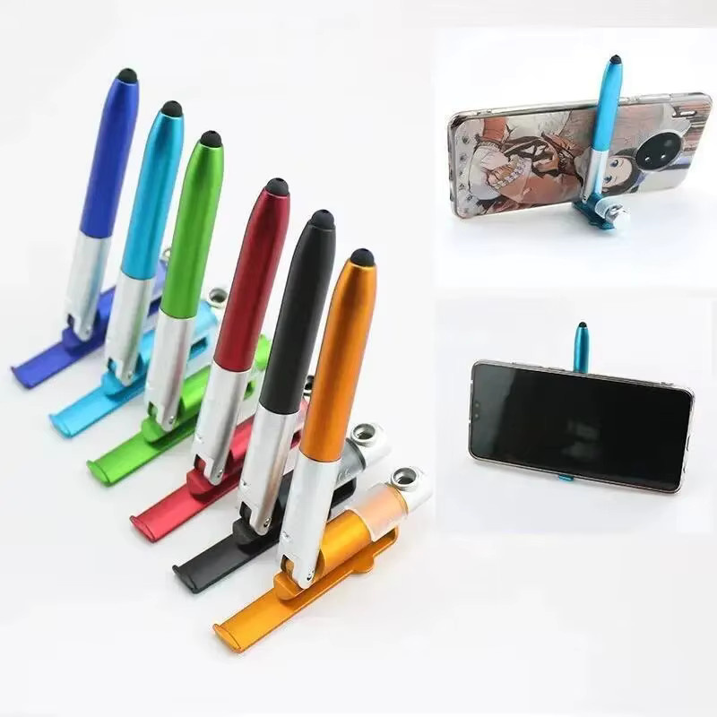 4-in-1 Multifunktions-Kugelschreiber aus Metall in Schwarz mit LED-Taschenlampe, Touch-Stift und zusammenklappbarem Telefonhalter - Bild 4