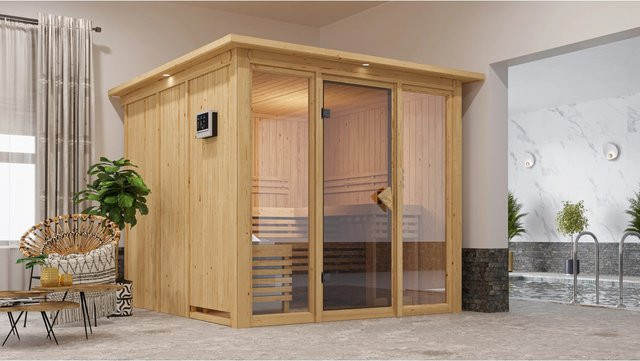 Karibu Sauna Svava mit Glasfront, Kranz Set in Natur und 9 kW Ofen mit externer Steuerung, Braun - Bild 1