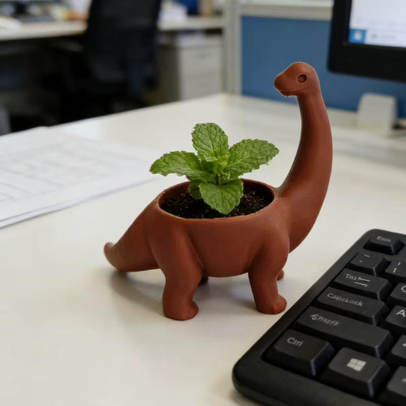 Dinosaurier-Blumentopf aus Kunststoff in Braun mit Drainageloch für Sukkulenten, Kakteen und kleine Pflanzen, B/T/H: 10 x 10 x 10 cm - Bild 5