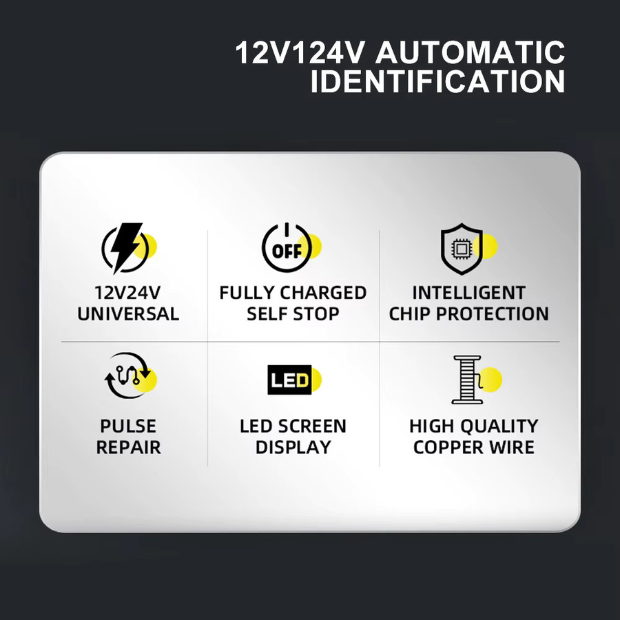 Intelligentes Auto Batterie Ladegerät mit Spannung und Temperatur Erkennung sowie Puls Reparatur Funktion für RV, SUV, Motorrad und Lkw in Gelb - Bild 3