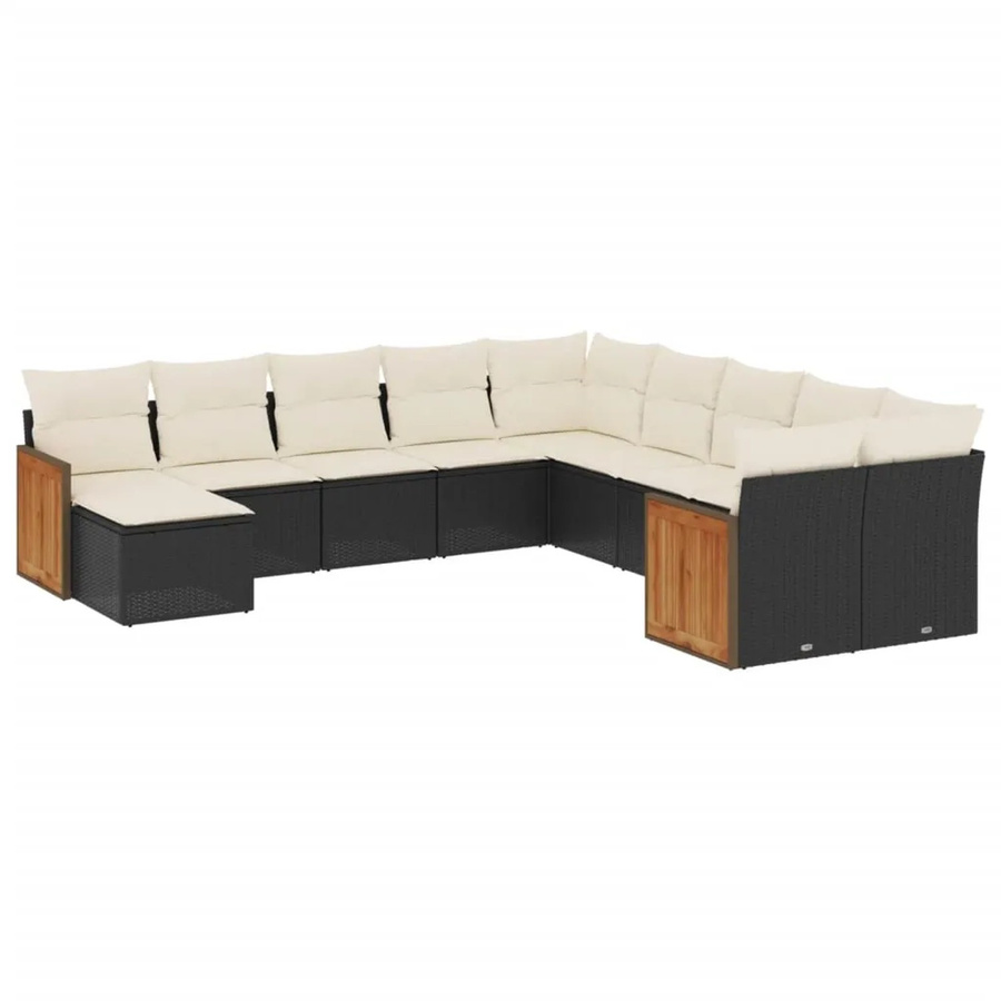 vidaXL 11-tlg. Garten-Sofagarnitur in L-Form aus Poly-Rattan und Akazienholz mit Kissen in Schwarz - Bild 2