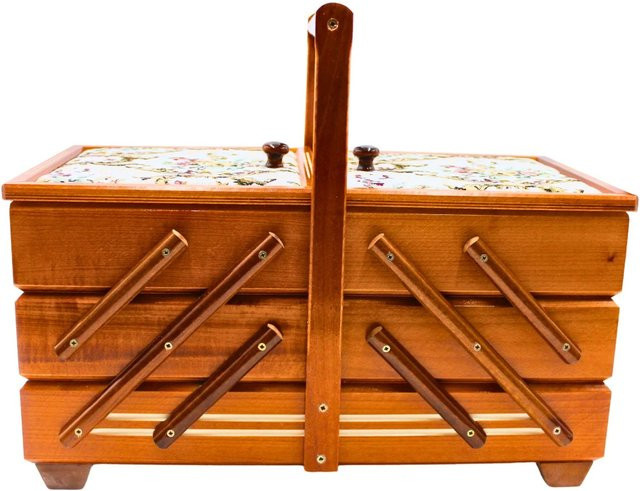 Dekohelden24 Nähkästchen aus Furnierholz mit 7 Fächern und Stoffbezug Rosenmotiv in Mahagoni, B/T/H: 42 x 20 x 21 cm - Bild 1