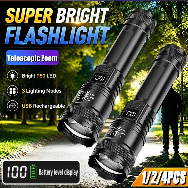 KDULIT Taktische Taschenlampe mit 20000 Lumen, USB-C wiederaufladbar, Schwarz mit Zoomfunktion und Batterieanzeige für Outdoor, Camping und Wandern - Bild 1