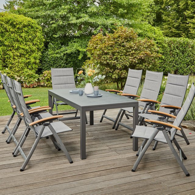 Siena Garden Savina XL/Miros Garten-Essgruppe aus Alu, Teak, Texfabric und Spraystone in Matt Graphit/Grau mit ausziehbarem Tisch und 8 Klappstühlen, Tisch B/T/H: 180 bis 240 x 90 x 75 cm - Bild 1