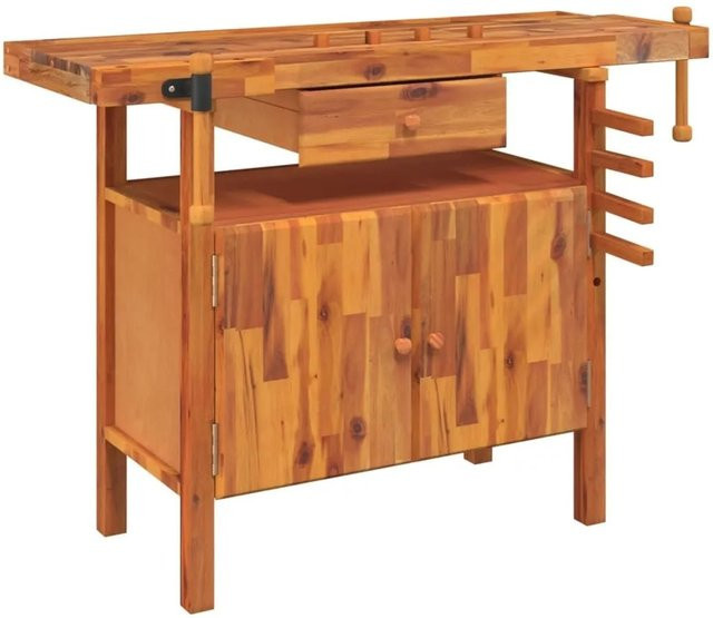 vidaXL Werkbank aus Massivholz Akazie mit Schublade und Schraubstöcken, Farbe: Braun, B/T/H: 124 x 52 x 83 cm - Bild 1