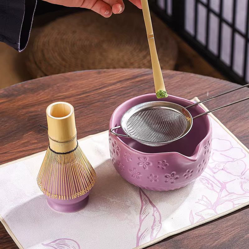 7-teiliges Matcha-Set mit Sakura-Design, grüne Keramikschüssel und Schneebesen für die Teezeremonie - Bild 2