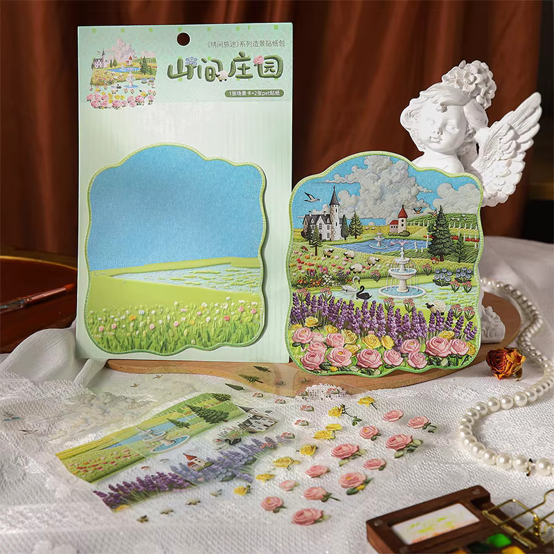 JIANQI Handgefertigte Scrapbooking Aufkleber im ländlichen Stil mit gestickter Landschaft, Multicolour, Bastelmaterial für Tagebuch und Album - Bild 3