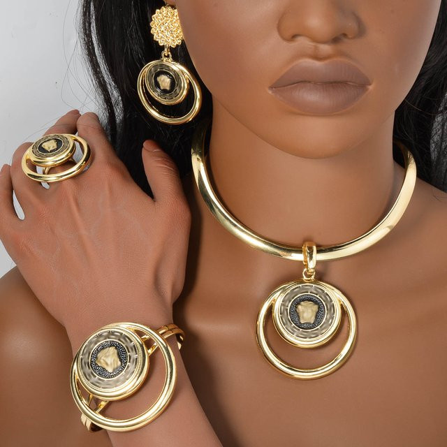 Schmuckset Damen, 4-teilig, Löwe, Porträt, Blume, Halskette, Gold - Bild 1