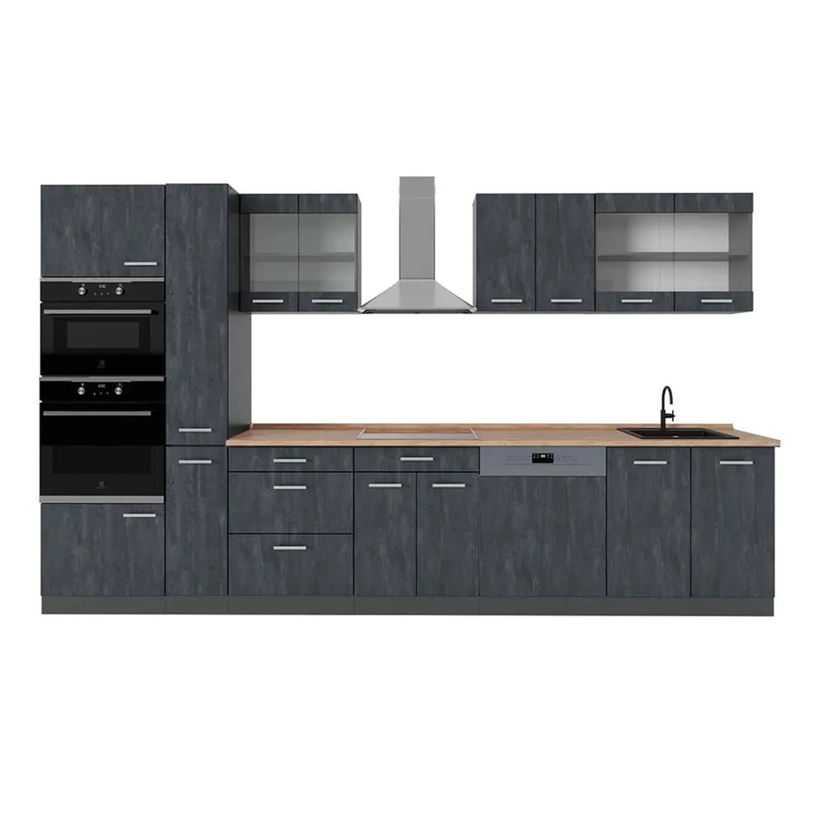 Vicco Küchenzeile R-Line in Schwarz Beton und Anthrazit mit Arbeitsplatte in Eiche, Breite: 350 cm, Höhe: 206,8 cm, Tiefe: 60 cm - Bild 3
