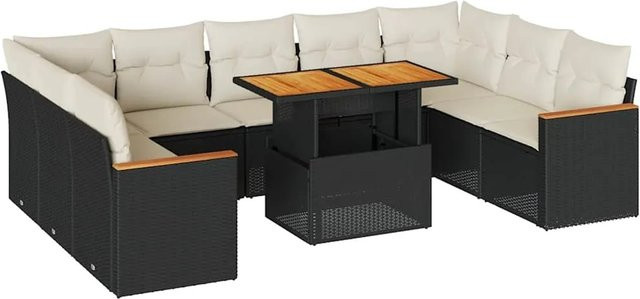 vidaXL 10-tlg. Garten-Sofagarnitur aus Poly-Rattan und Akazienholz in Schwarz mit Kissen - Bild 1