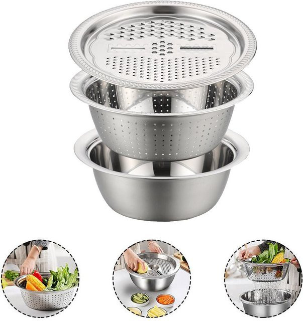 OutsideWorld 3-teiliges Multifunktionales Edelstahlbecken-Set in Silber für Obst und Gemüse, rund, spülmaschinenfest - Bild 1