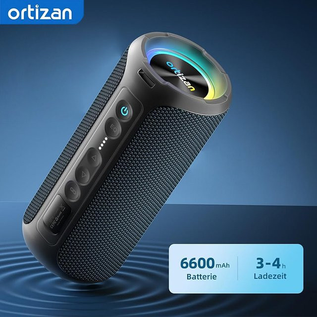 Ortizan Tragbarer Bluetooth-Lautsprecher mit 40W Leistung, IPX7 Wasserdicht, Farbige Lichter, Schwarz/Blau - Bild 1