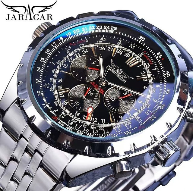 JARAGAR Armbanduhr Automatik, Edelstahl, 48 mm, Leder, Herren, Schwarz - Bild 1