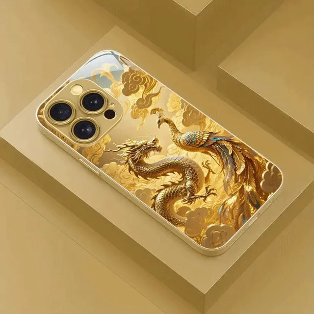 Handyhülle im chinesischen Loong Phoenix Stil aus gehärtetem Glas für Samsung Galaxy S25 Ultra, S24, S23 Plus, S25 FE und S23 Ultra in Gold - Bild 1