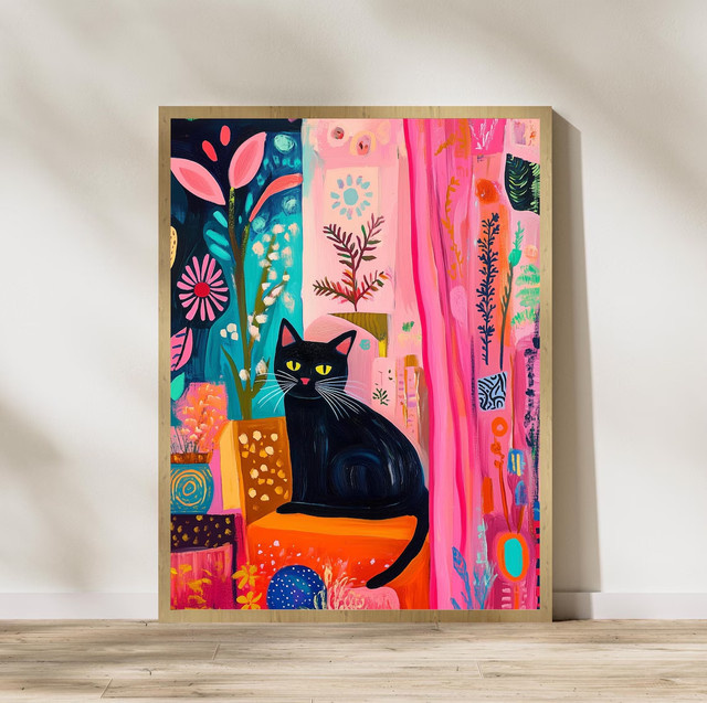 SHENCHEN Poster Schwarze Katze mit floralen Elementen in Rosa und Blaugrün, abstrakter Kunstdruck auf Papier - Bild 1
