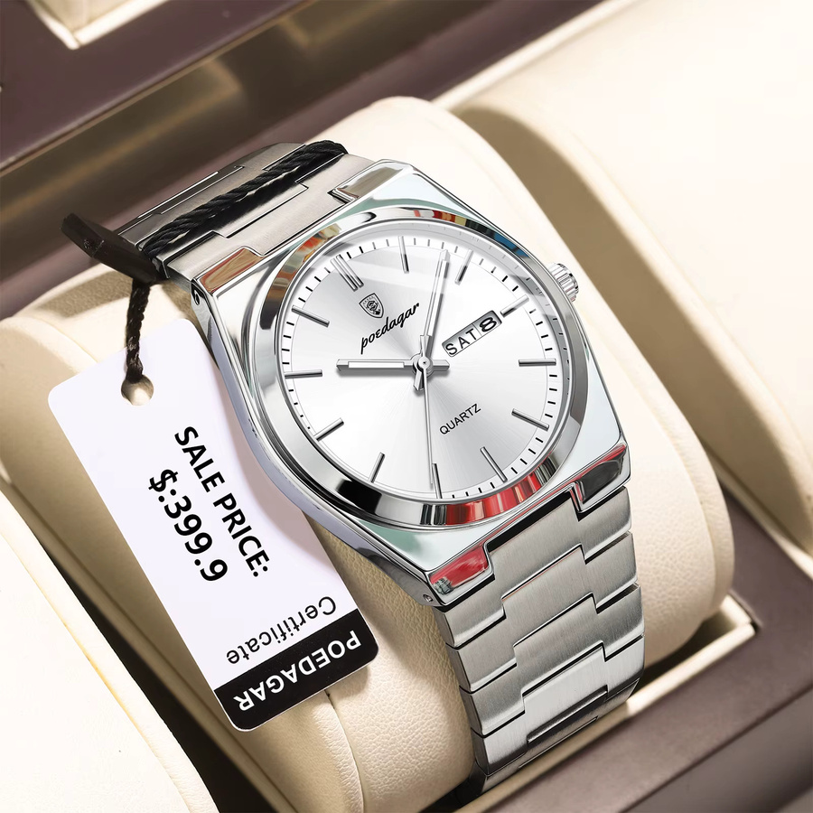 POEDAGAR Armbanduhr Quarz, Edelstahl, Silber, Herren - Bild 2