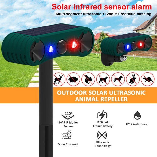 Solar Ultraschall Tierabwehrmittel für Outdoor mit Bewegungsmelder und rot-blau blinkendem Licht - Bild 1