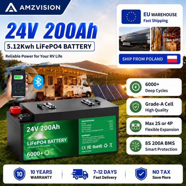 AMZVISION LiFePO4 Lithium-Batterie 24V 200Ah 5,12kWh mit Bluetooth und 200A BMS für Heim-Solarenergie - Bild 1