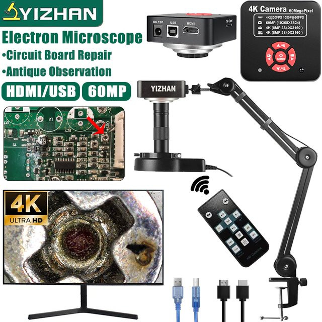 YIZHAN 60MP HD Elektronisches Digitalmikroskop mit 150x Zoom, HDMI und USB, Industriekamera mit klappbarer Halterung für PCB-Wartung, Schwarz - Bild 1