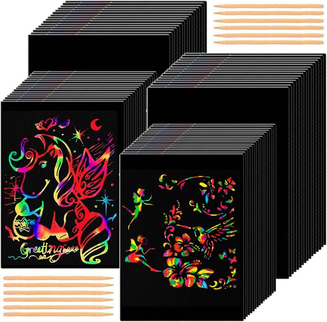 40 Stück Schwarzes Kratzpapier Set mit Bambusstäbchen für kreative DIY Kunstmalerei in Bunt und Schwarz - Bild 1