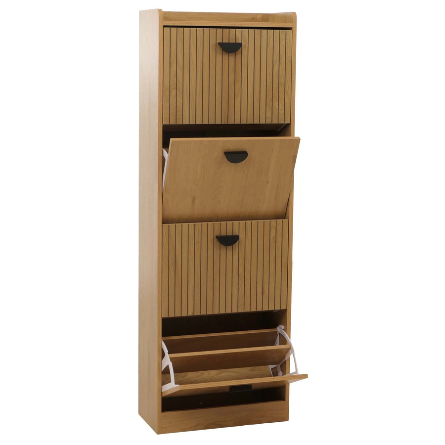 Schuhschrank MCW O39 mit 4 Klappfächern in Braun, Lamellen-Design aus MDF, Melamin und Metall, H x B x T: 147 x 50 x 24 cm - Bild 3