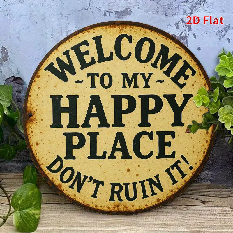 Rundes Retro-Metallschild Potdemiel Welcome to My Happy Place – Rustikale Wandkunst für Zuhause, Küche oder Garten, Durchmesser: 20 cm - Bild 6