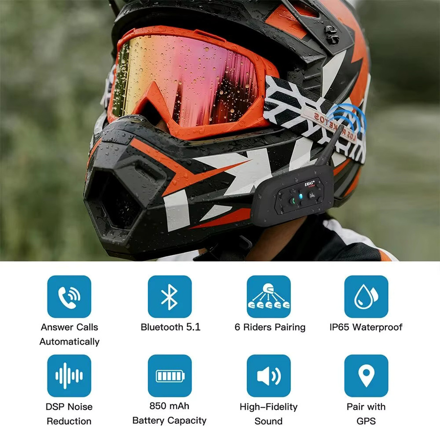Ejeas V6 Pro Bluetooth Motorrad Helm Headset Intercom mit 800m Reichweite für 2 Fahrer, IP65 wasserdicht, Schwarz - Bild 5