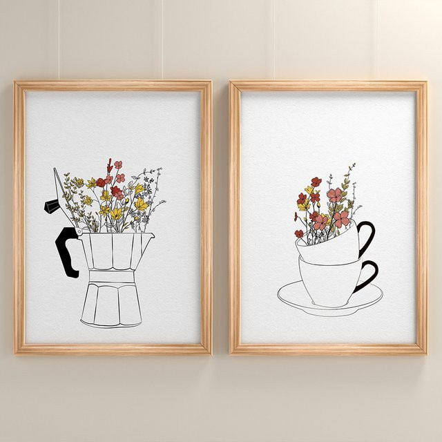 Potdemiel Moderne Wandkunst Leinwand mit Blumen und Kaffeetassen im Nordic Design, Mehrfarbig - Bild 1