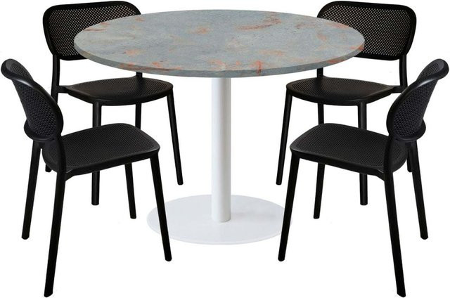 RestooTab Esstisch-Set Rome XL mit 4 Stühlen, runder Tisch in Stein-Optik Grau mit weißem Gestell - Bild 1